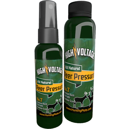 High Voltage’s Peer Pressure. A mix of dominant buck urine and glandular scents, the lure is meant to “trigger the aggressive buck in your area.”